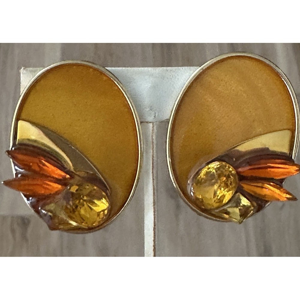 Vintage Mid-Century Lucite Clip-On Earrings BOLD Amber & Gold Tone 1950s Retro